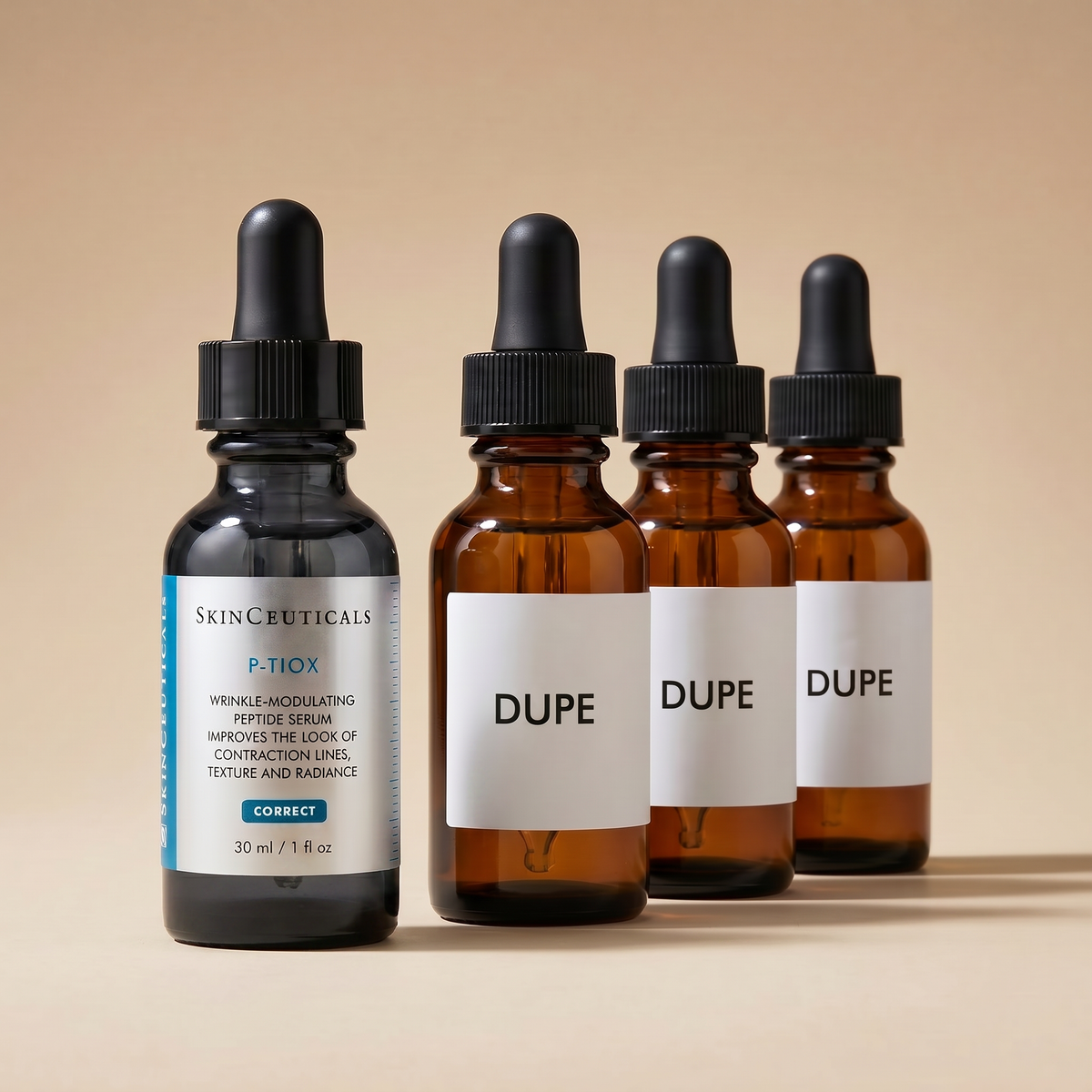 SkinCeuticals P-TIOX bottle beside three amber dupe serum bottles on a warm beige background