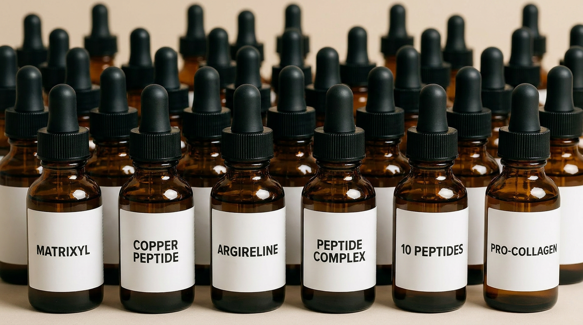 A crowded array of competing peptide serums on a shelf, illustrating how many options there are to choose from