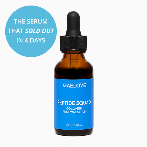 Bottle of Maelove Peptide Squad Collagen Renewal Serum with text 'The serum that sold out in 4 days'.