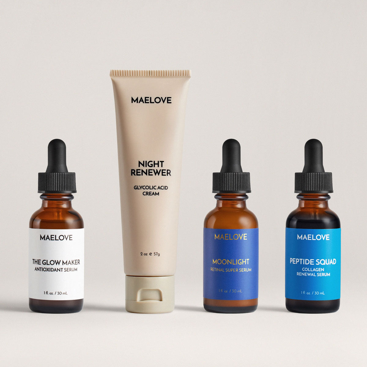 Four Maelove skincare products, including serums and a cream, displayed in bottles and a tube.